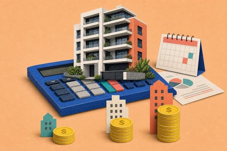 Apartment building on a calculator with proportional coin stacks representing strata fee calculations