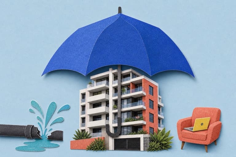 Apartment building protected by an insurance umbrella while personal contents remain outside
