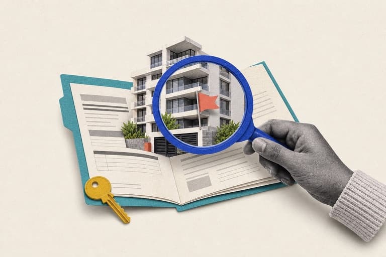 Magnifying glass revealing a warning flag in an apartment building strata report