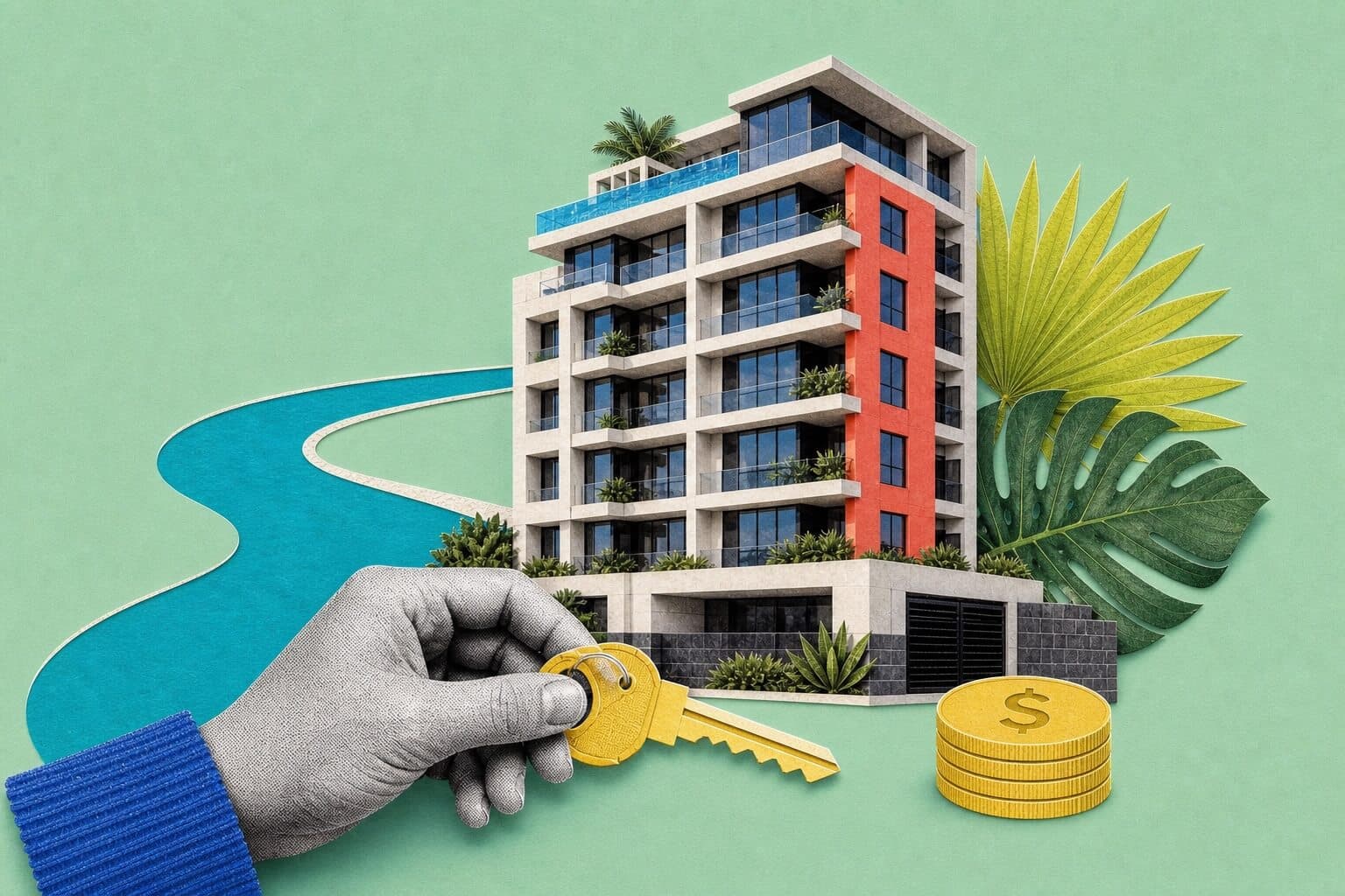 Subtropical Brisbane apartment building with caretaker key and body corporate fee coins