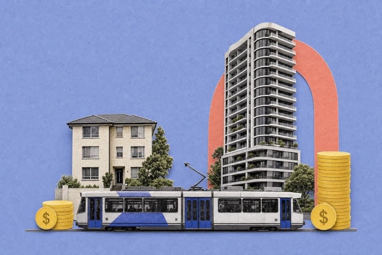 Melbourne tram passing low-rise and high-rise apartments with different owners corporation fee stacks