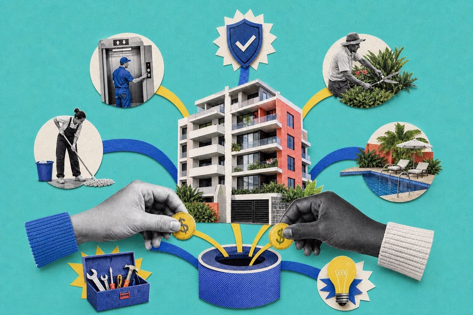 Apartment owners pooling strata fees to fund shared building insurance, cleaning, gardening, lift maintenance, repairs, utilities and amenities